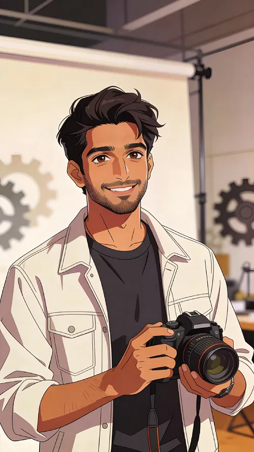 Anime-style creator portrait of a South Asian man holding a camera in a studio.
