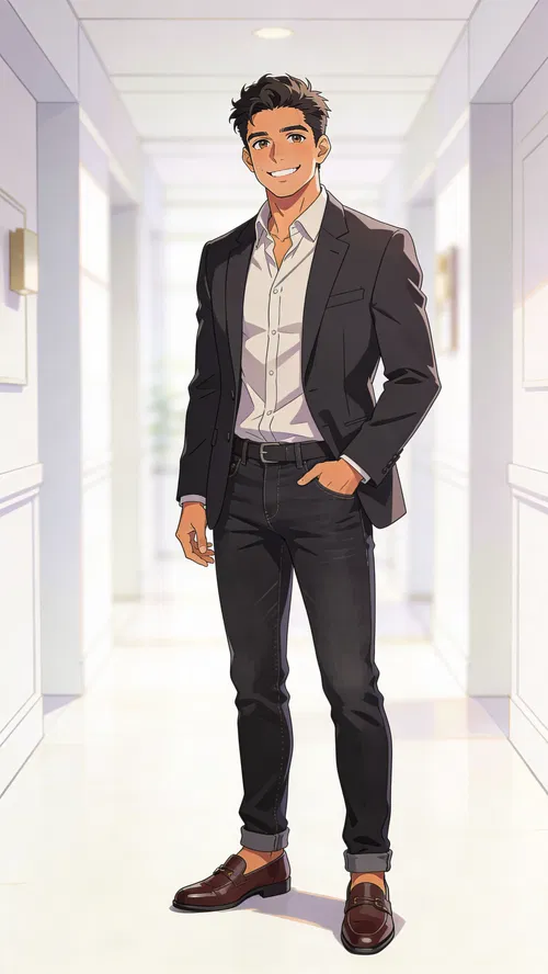 Anime-style full-body portrait of a Hispanic man in a bright modern hallway.