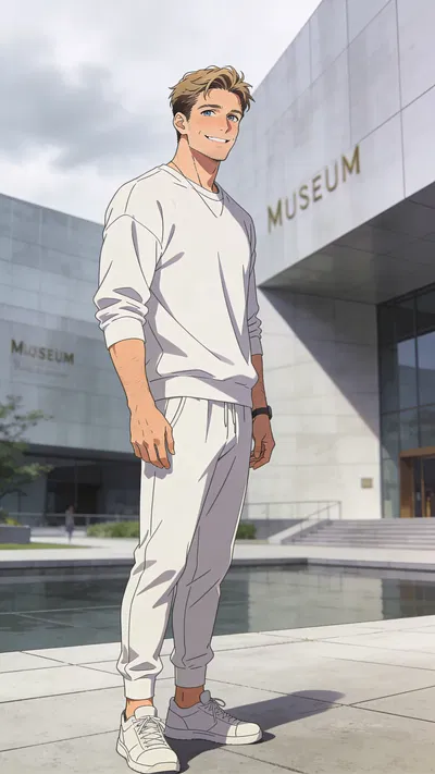 Anime-style full-body portrait of a White man near modern architecture.