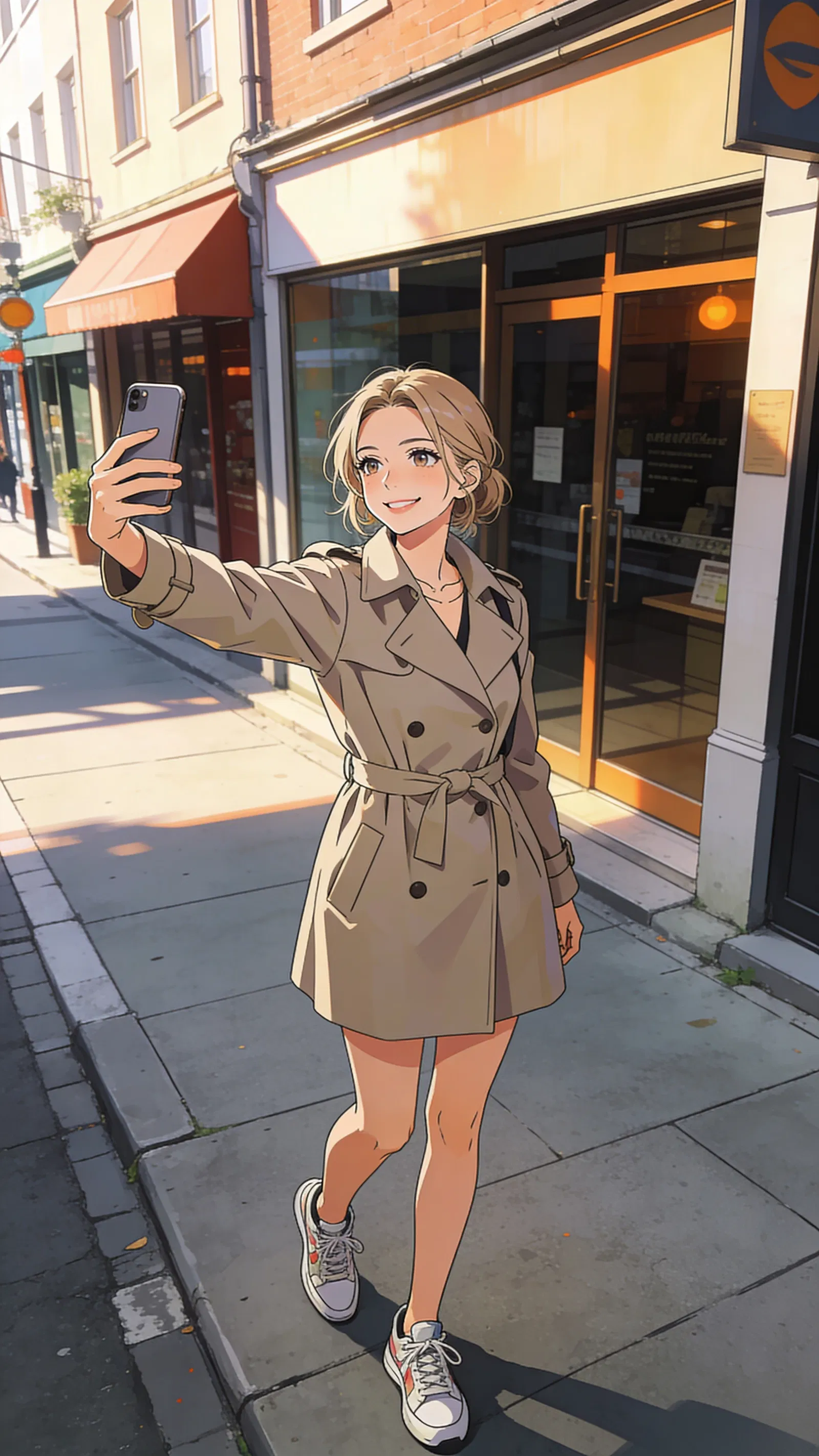 Anime-style full-body portrait of a White woman taking a selfie downtown.