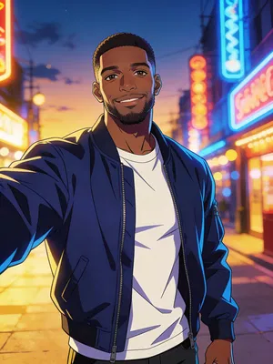 Anime-style half-body portrait of a confident Black man in a neon city.
