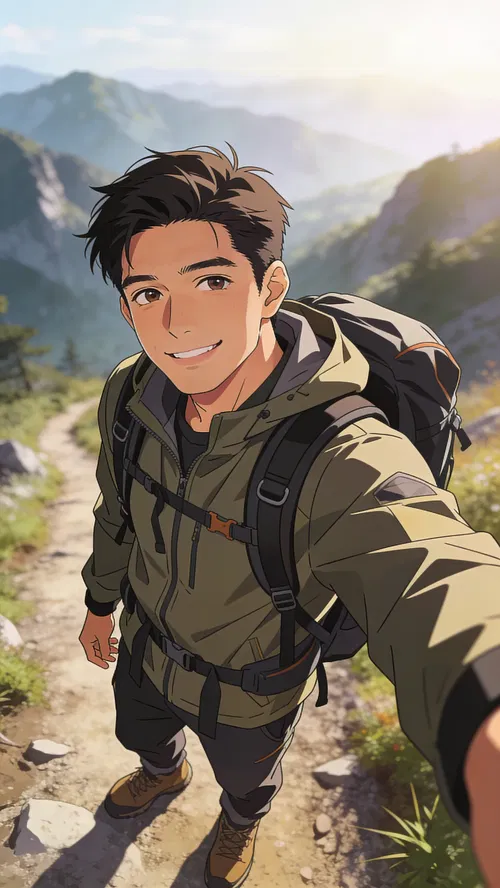 Anime-style hiking portrait of a Southeast Asian man on a mountain trail.
