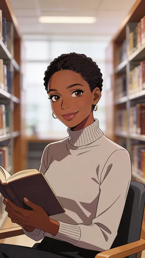 Anime-style library portrait of a Black woman seated with a book.