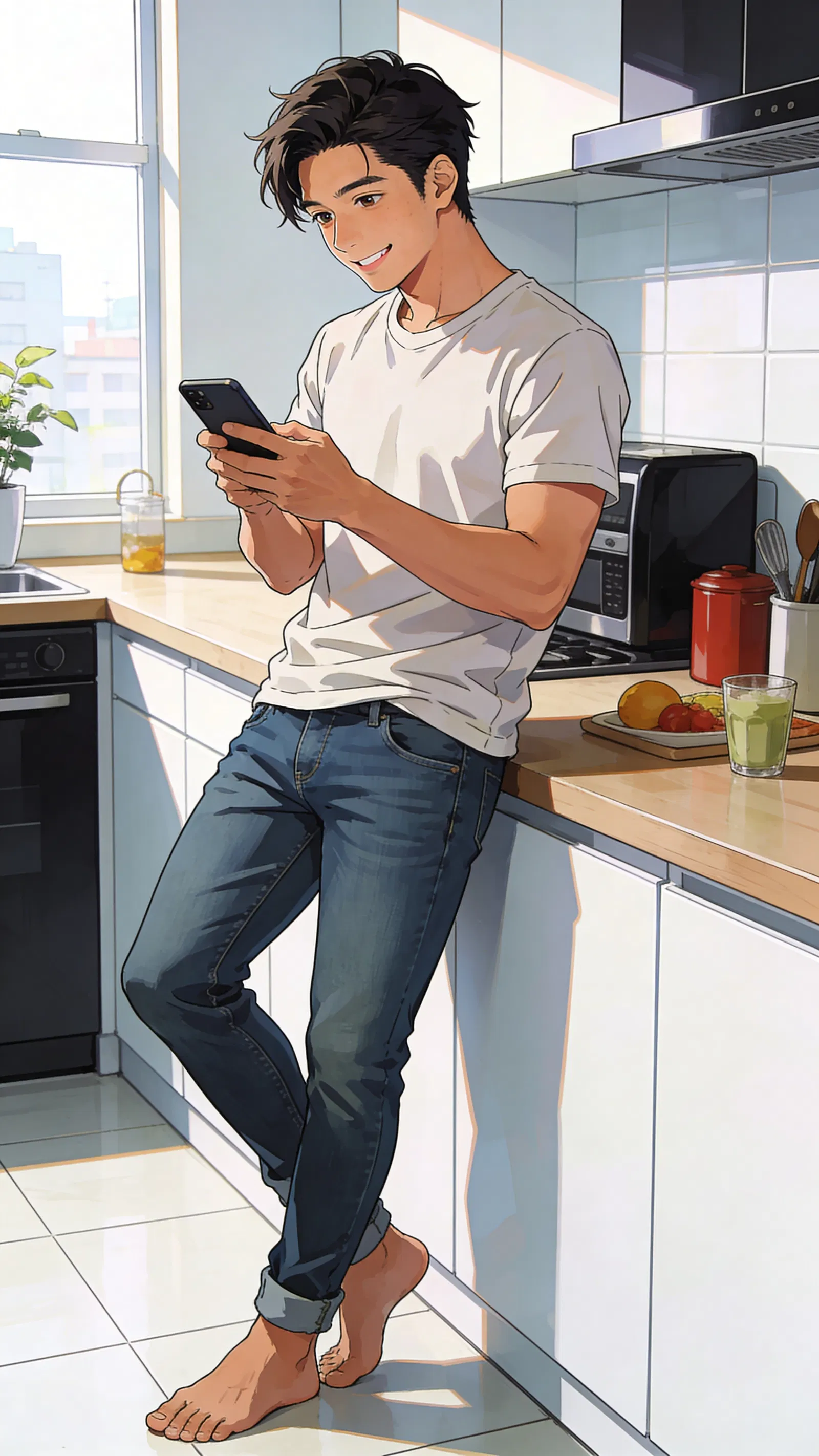 Anime-style lifestyle portrait of a Southeast Asian man browsing on his phone at home.