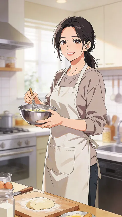 Anime-style lifestyle portrait of an East Asian woman baking in a bright kitchen.