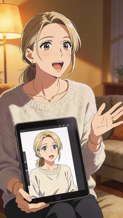 Anime-style living room portrait of a White woman viewing her anime transformation on a tablet.