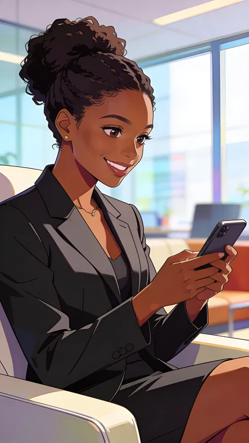 Anime-style office lounge portrait of a Black woman viewing her anime version.