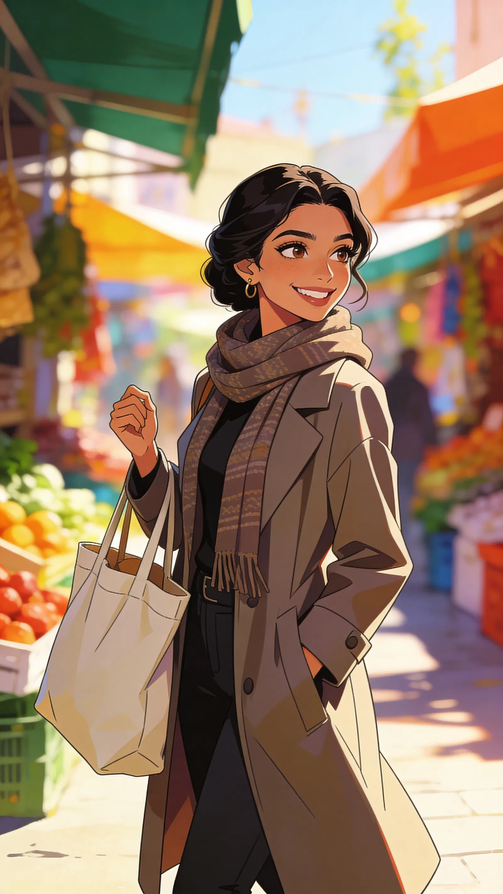 Anime-style outdoor market portrait of a Middle Eastern woman walking with a tote bag.