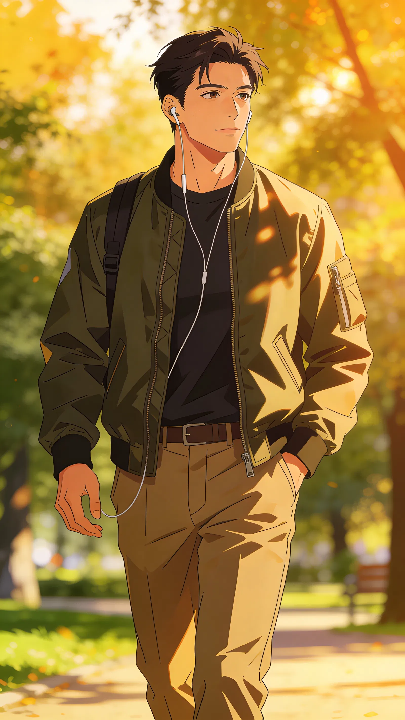 Anime-style park portrait of an East Asian man walking at golden hour.