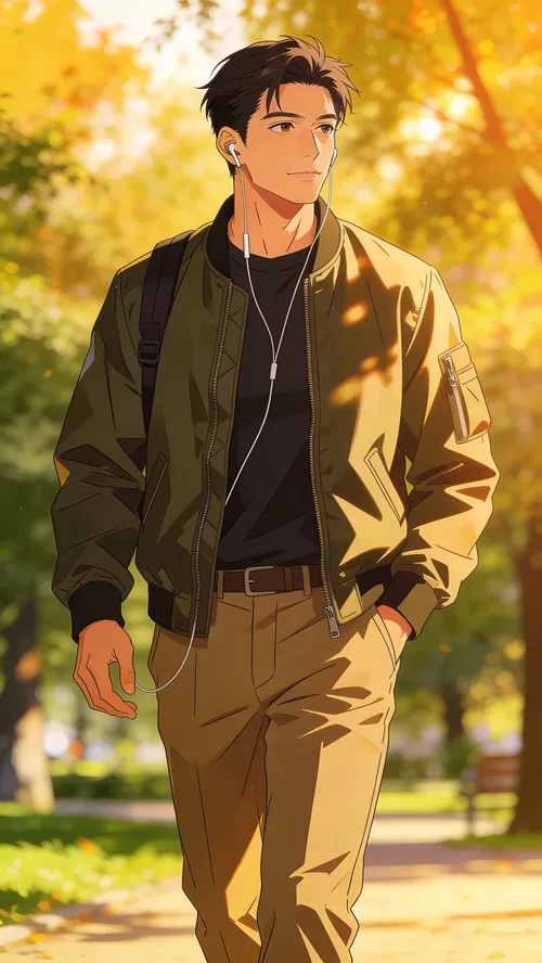 Anime-style park portrait of an East Asian man walking at golden hour.