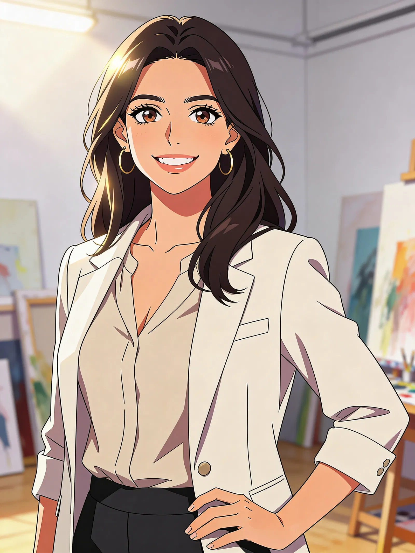 Anime-style portrait of a Latina woman in a minimalist art studio.