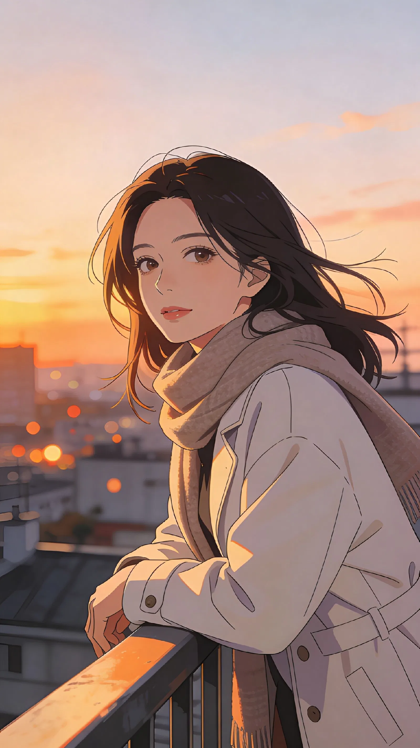 Anime-style rooftop portrait of an East Asian woman at sunset.