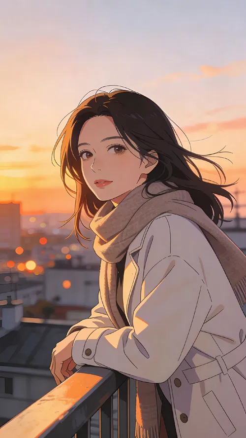 Anime-style rooftop portrait of an East Asian woman at sunset.