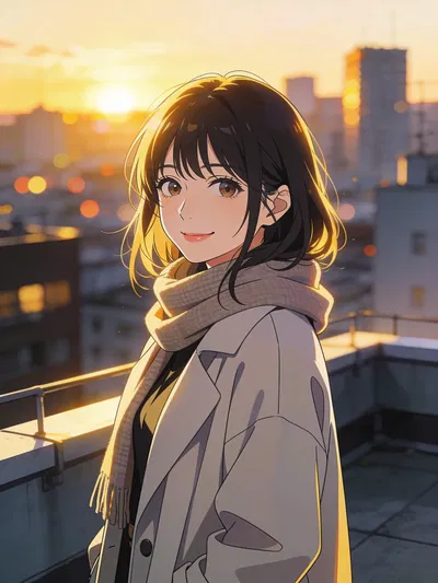 Anime-style rooftop sunset portrait of an East Asian woman