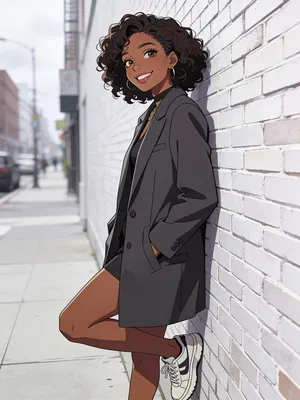Anime-style street portrait of a Black woman leaning on a brick wall.