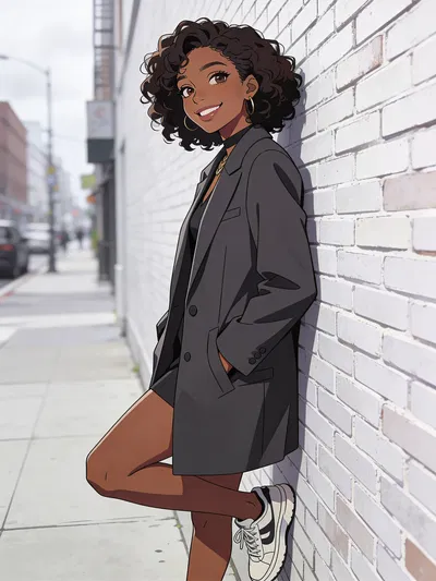 Anime-style street portrait of a Black woman leaning on a brick wall.