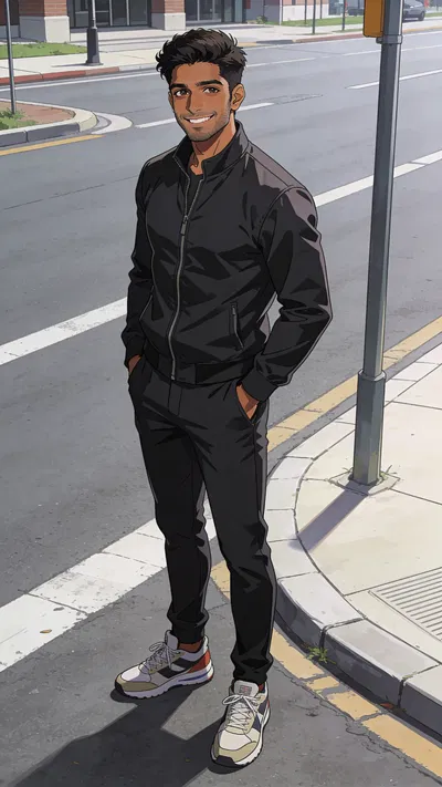 Anime-style street portrait of a South Asian man standing confidently with hands in pockets.