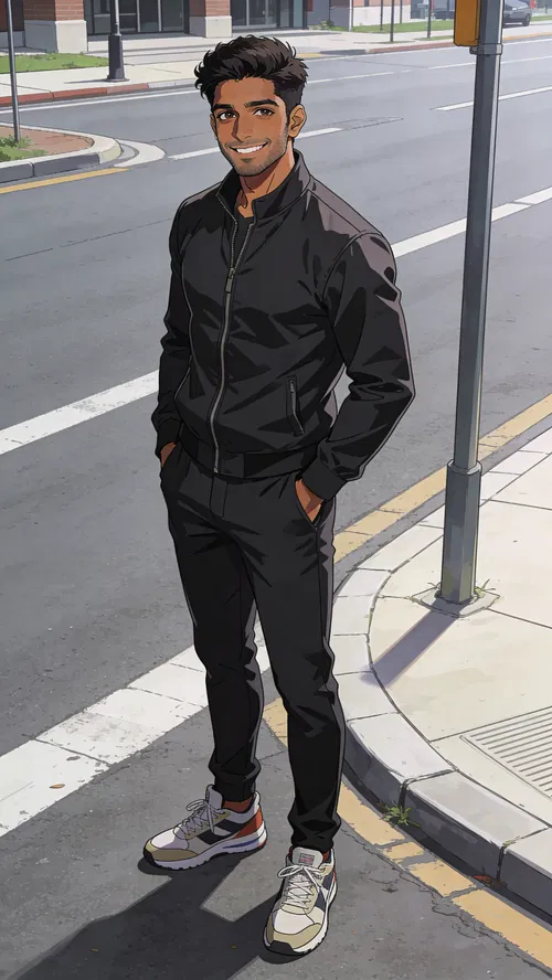 Anime-style street portrait of a South Asian man standing confidently with hands in pockets.