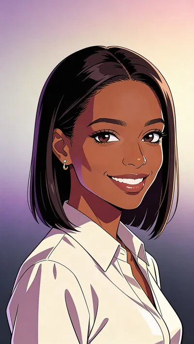 Anime-style studio headshot of a confident Black woman on a soft gradient background.