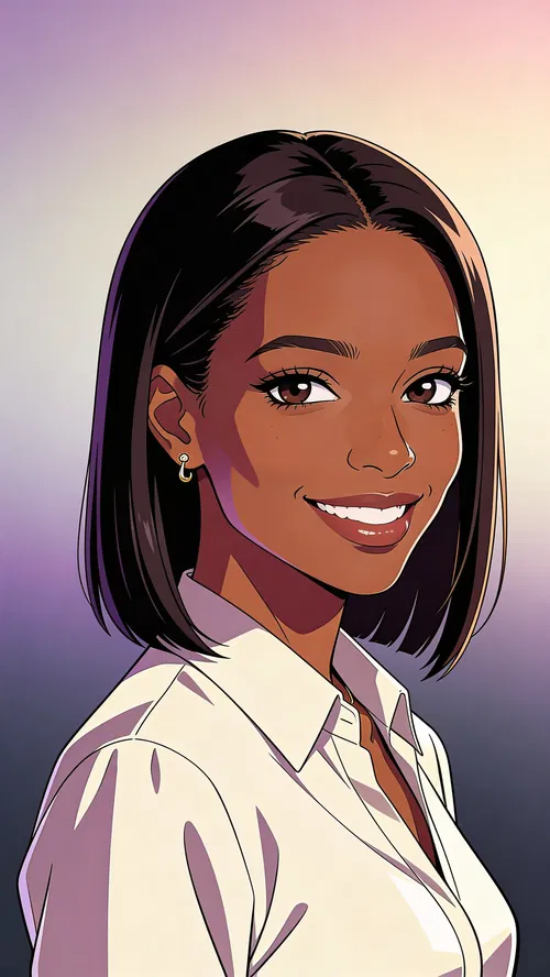 Anime-style studio headshot of a confident Black woman on a soft gradient background.