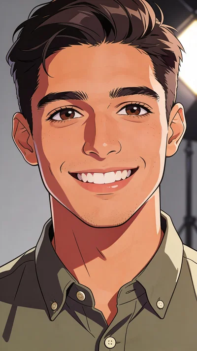 Anime-style studio headshot of a Hispanic man with a friendly smile.