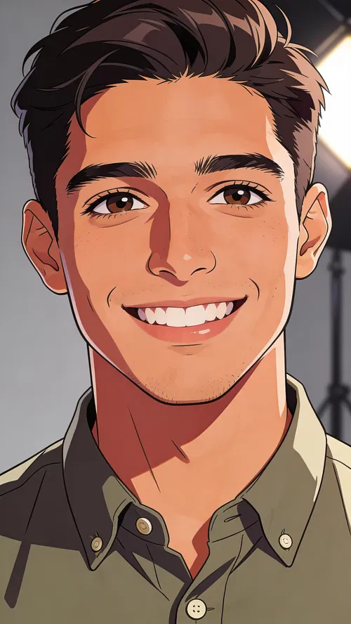 Anime-style studio headshot of a Hispanic man with a friendly smile.