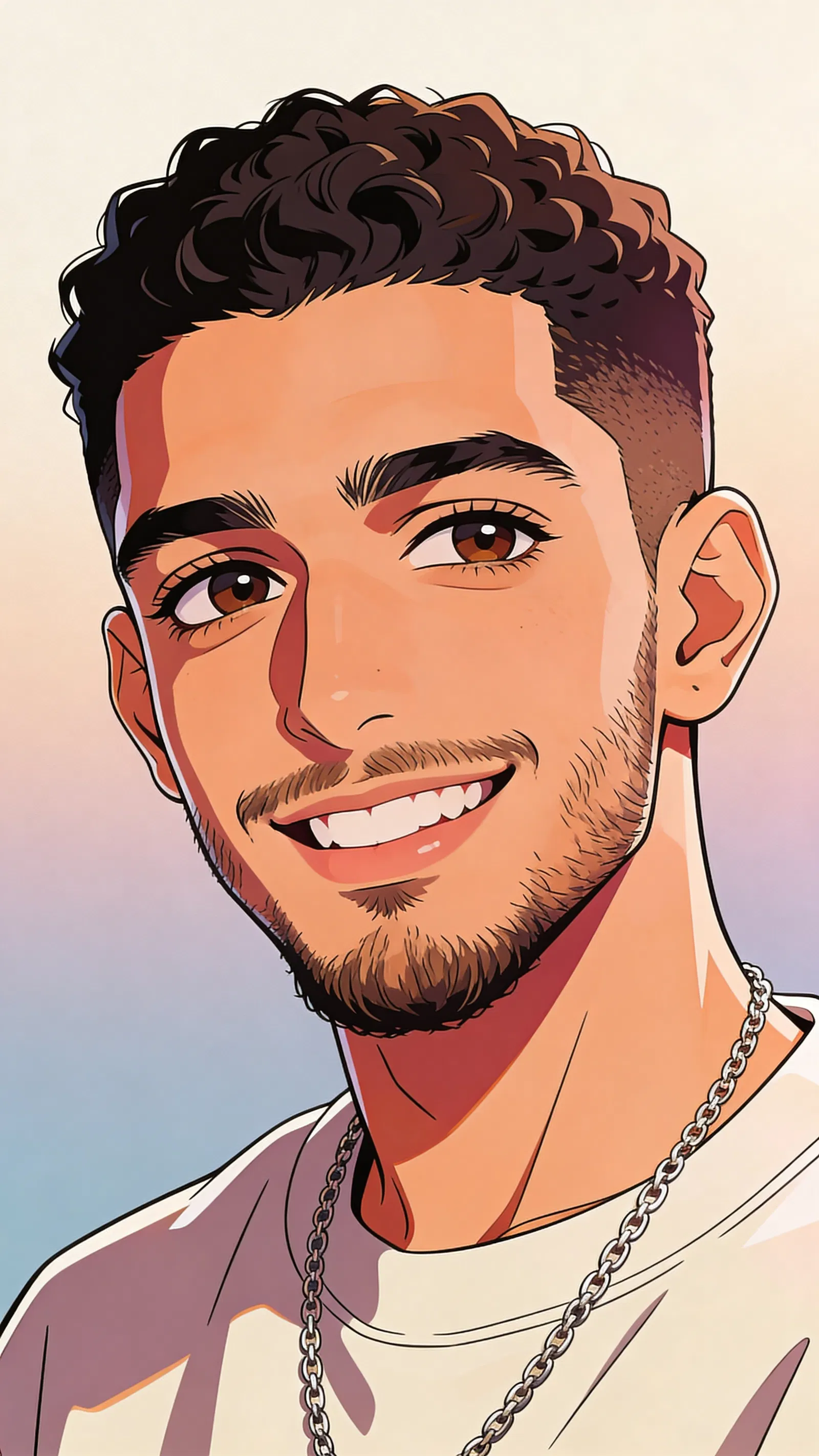 Anime-style studio portrait of a Middle Eastern man with a friendly expression.