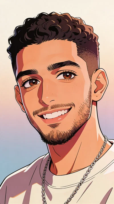Anime-style studio portrait of a Middle Eastern man with a friendly expression.
