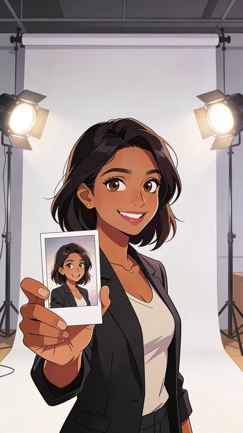 Anime-style studio portrait of a South Asian woman showing her anime version.