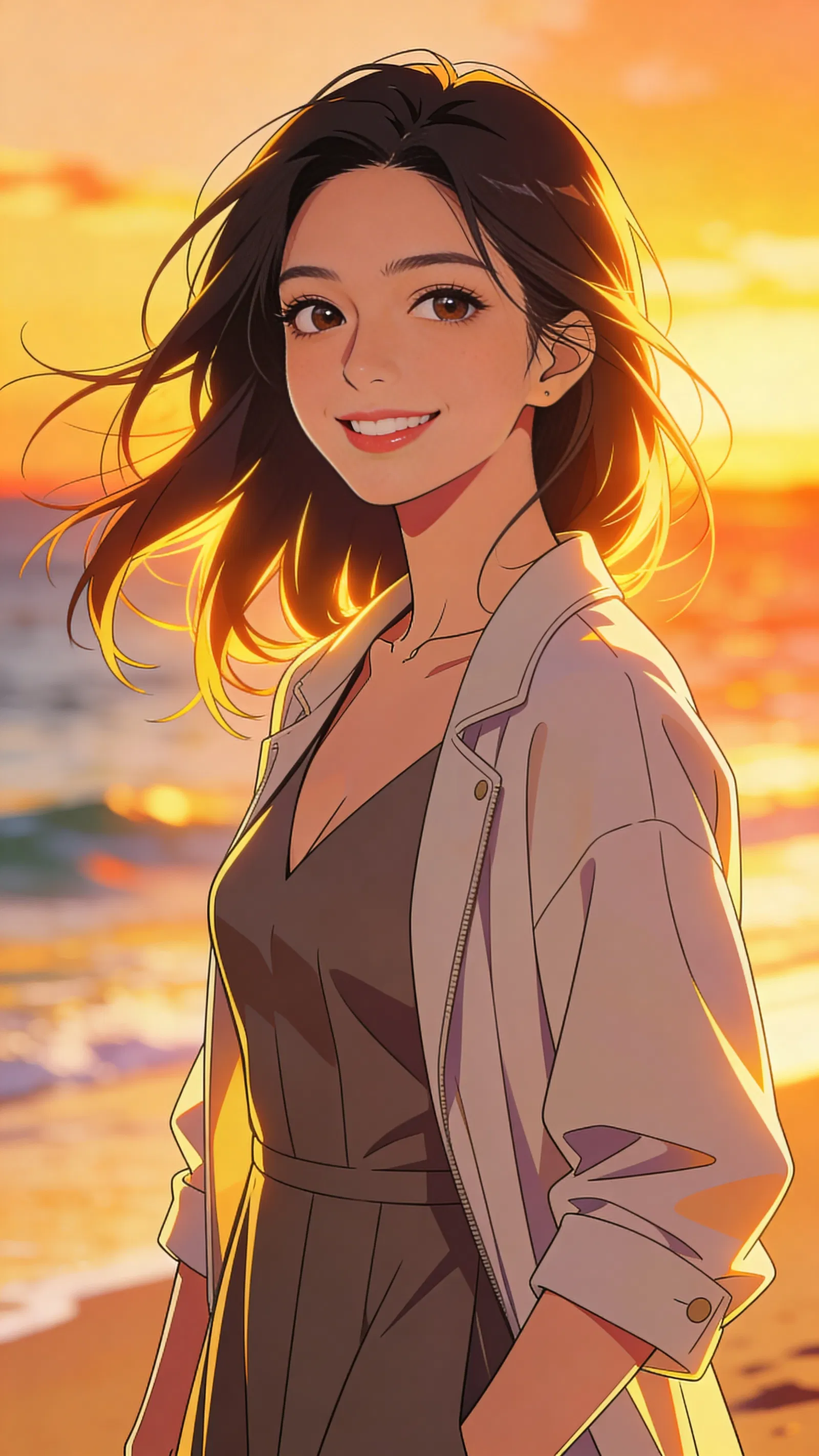 Anime-style sunset beach portrait of a Southeast Asian woman smiling.