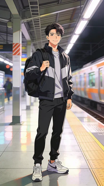 Anime-style urban portrait of an East Asian man standing on a metro platform.