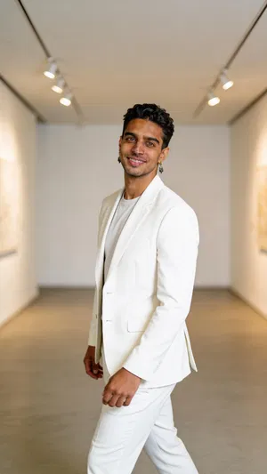 Art gallery walk portrait with polished modern glamour photography lighting