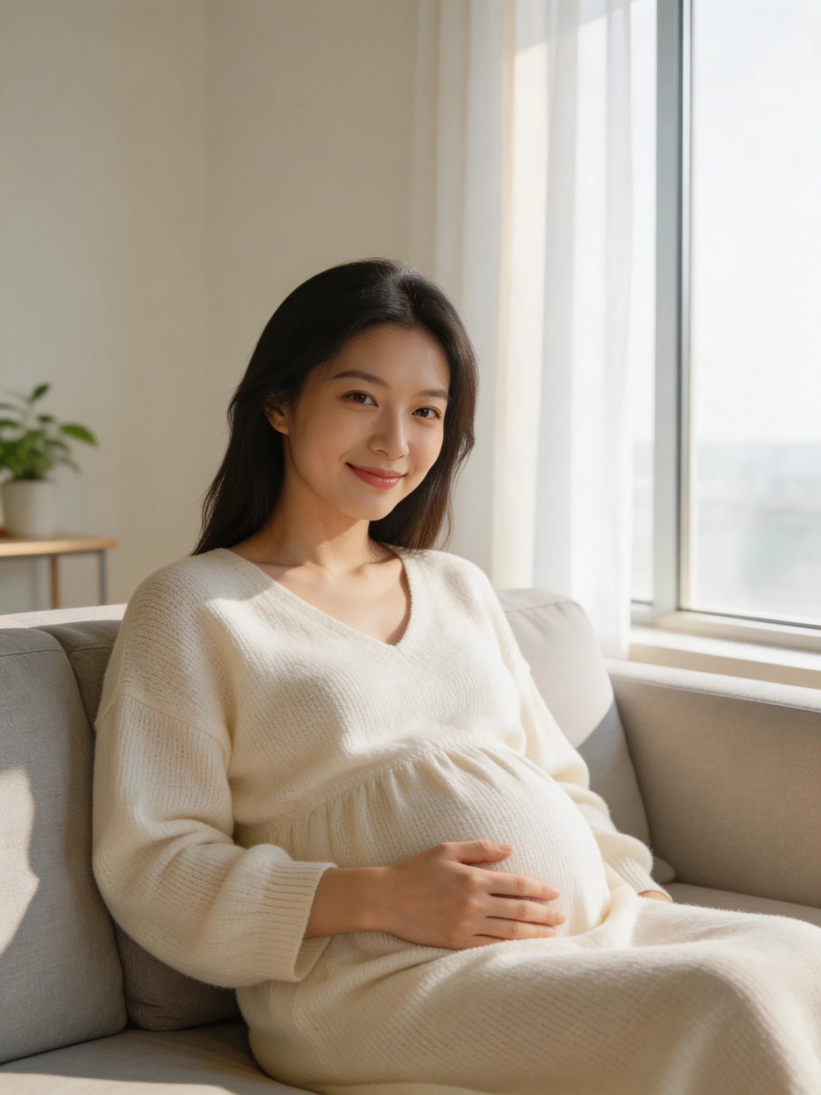 At-home maternity lifestyle portrait of an East Asian woman by window light