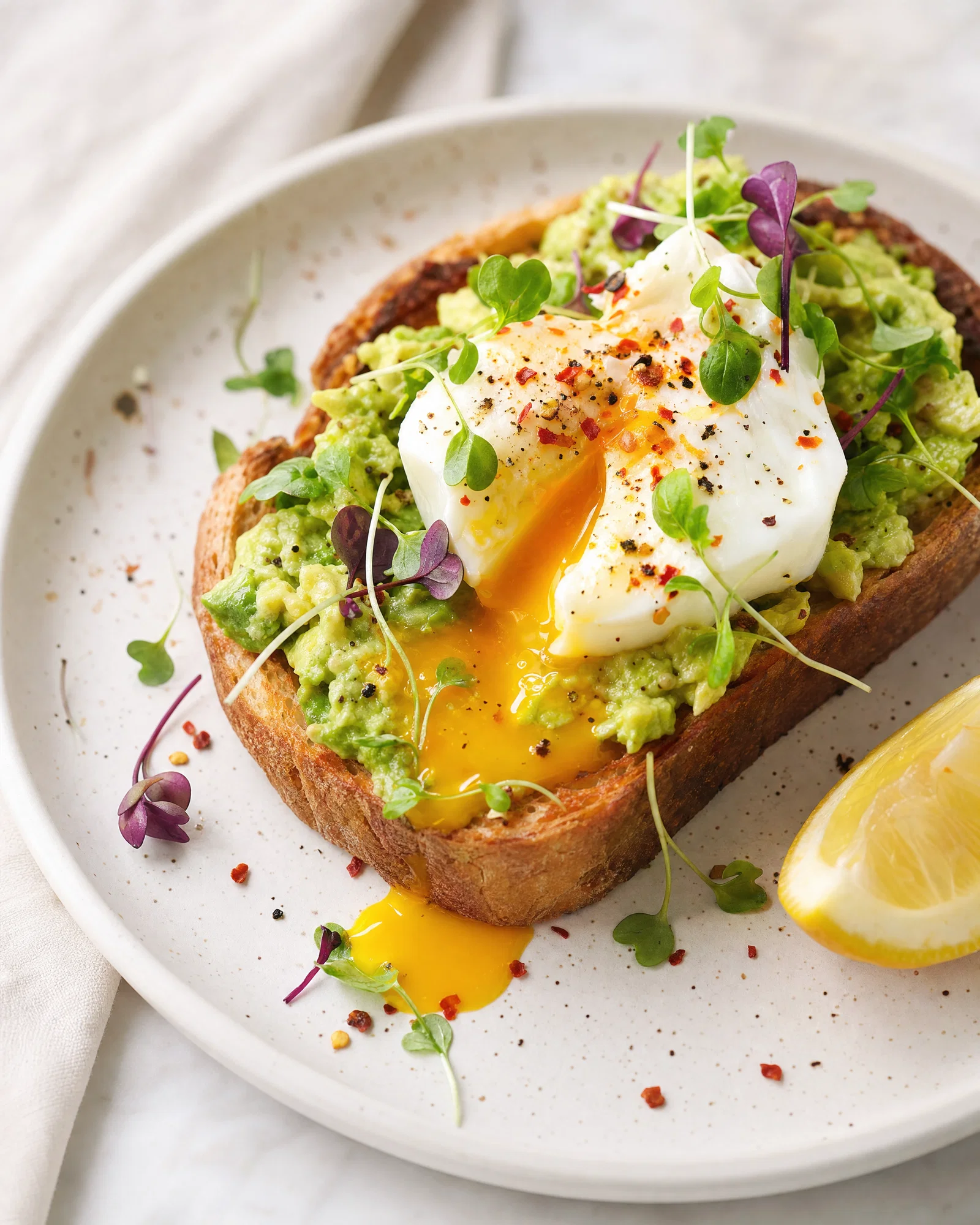 Avocado toast with runny egg and microgreens on white marble in bright soft side light.