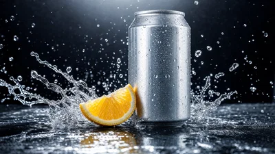 Beverage can on wet black stone with backlit water splash and crisp high-speed lighting.