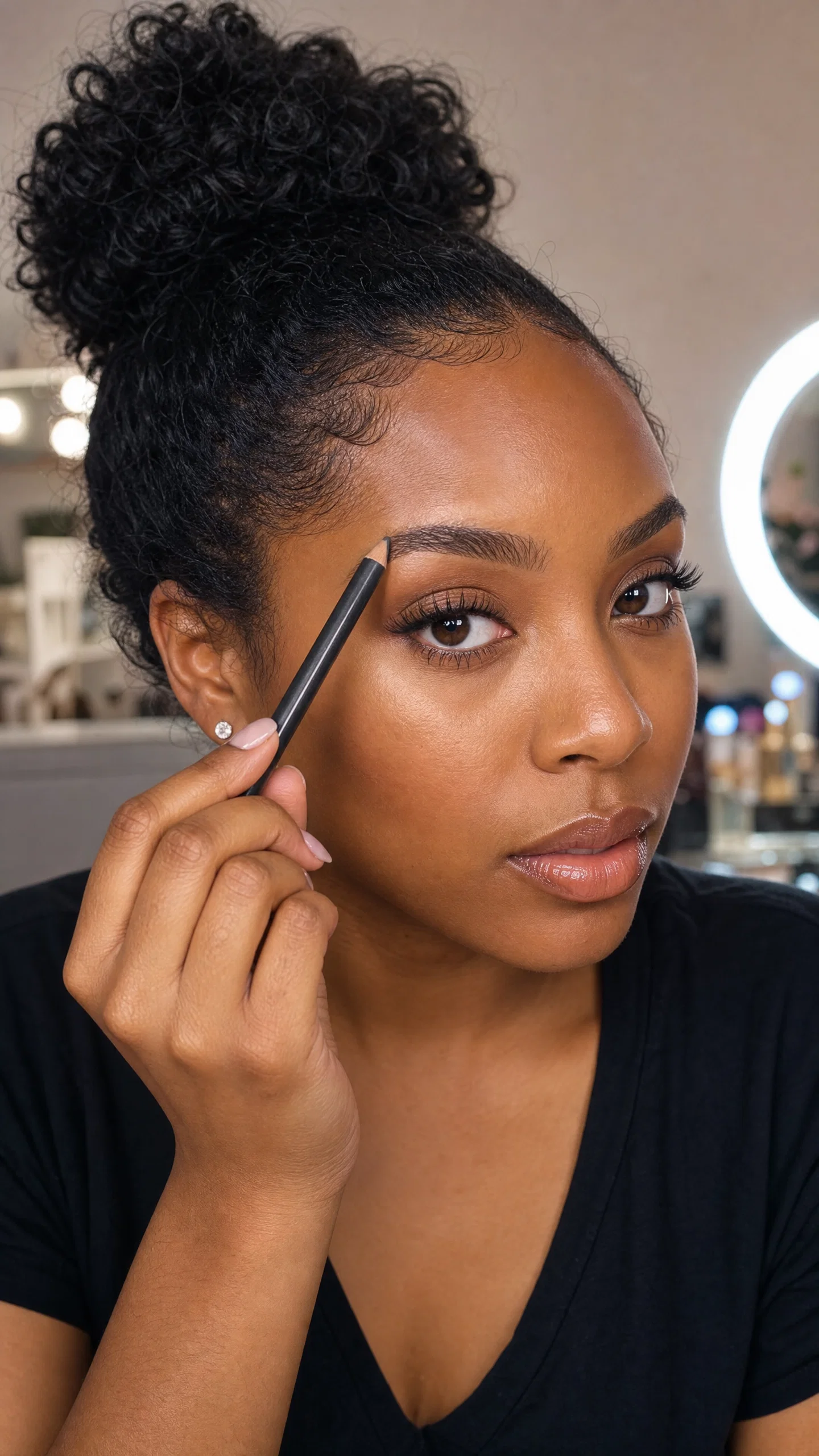 Black beauty influencer close-up demonstrating brow pencil technique at vanity