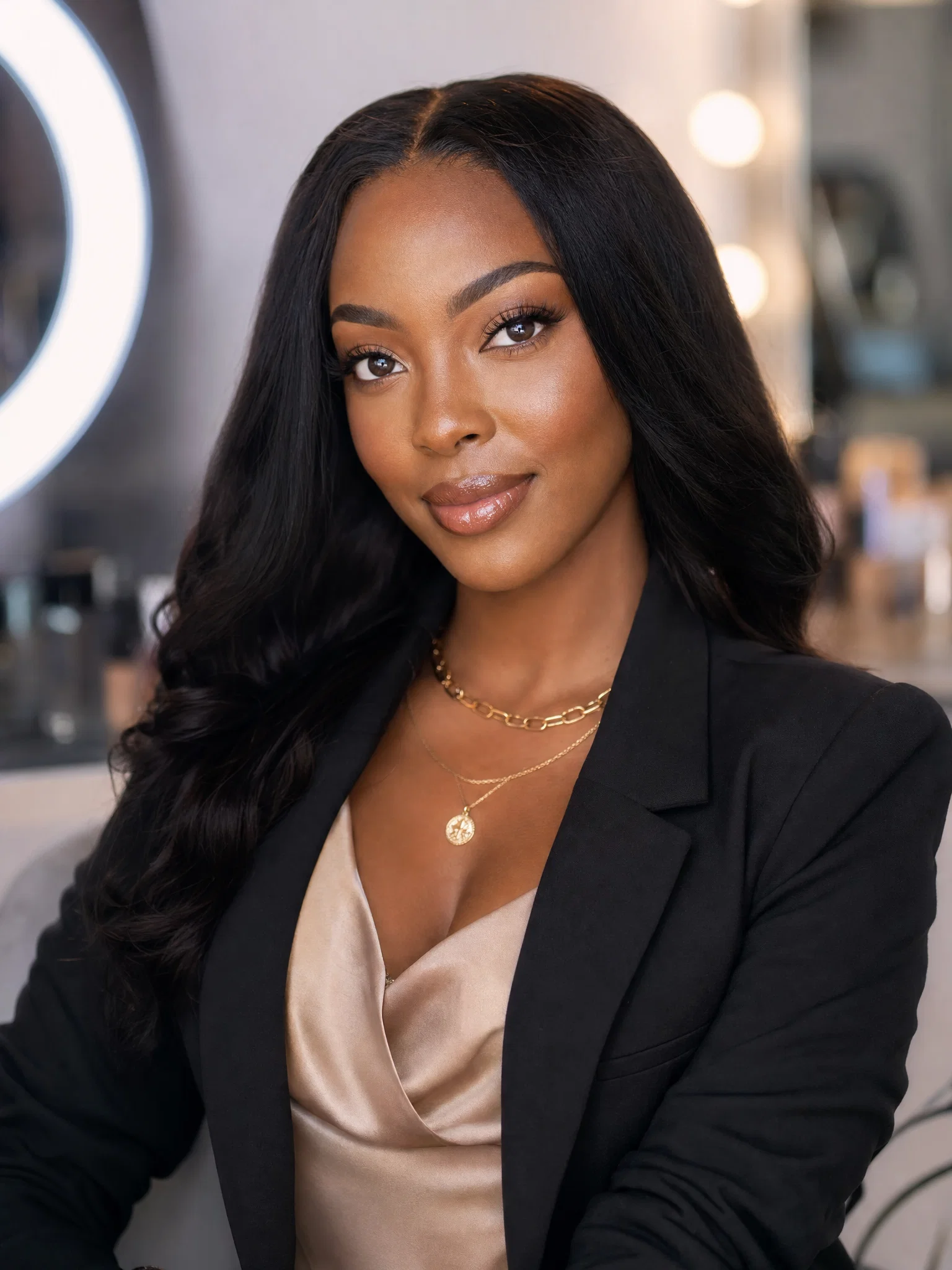 Black beauty influencer headshot in studio with polished makeup look