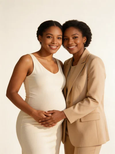 Black couple in a modern studio maternity portrait with confident smiles