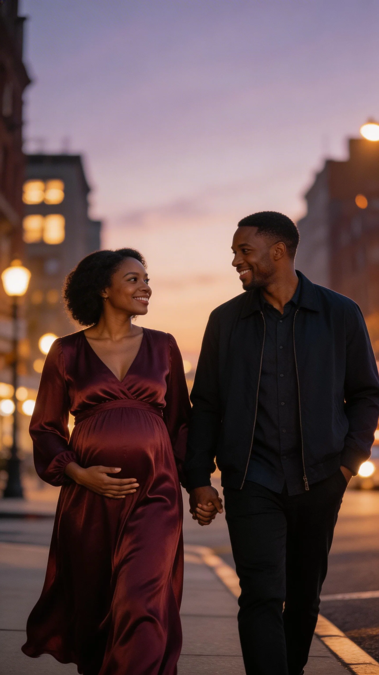 Black couple walking at dusk in a cinematic maternity lifestyle portrait