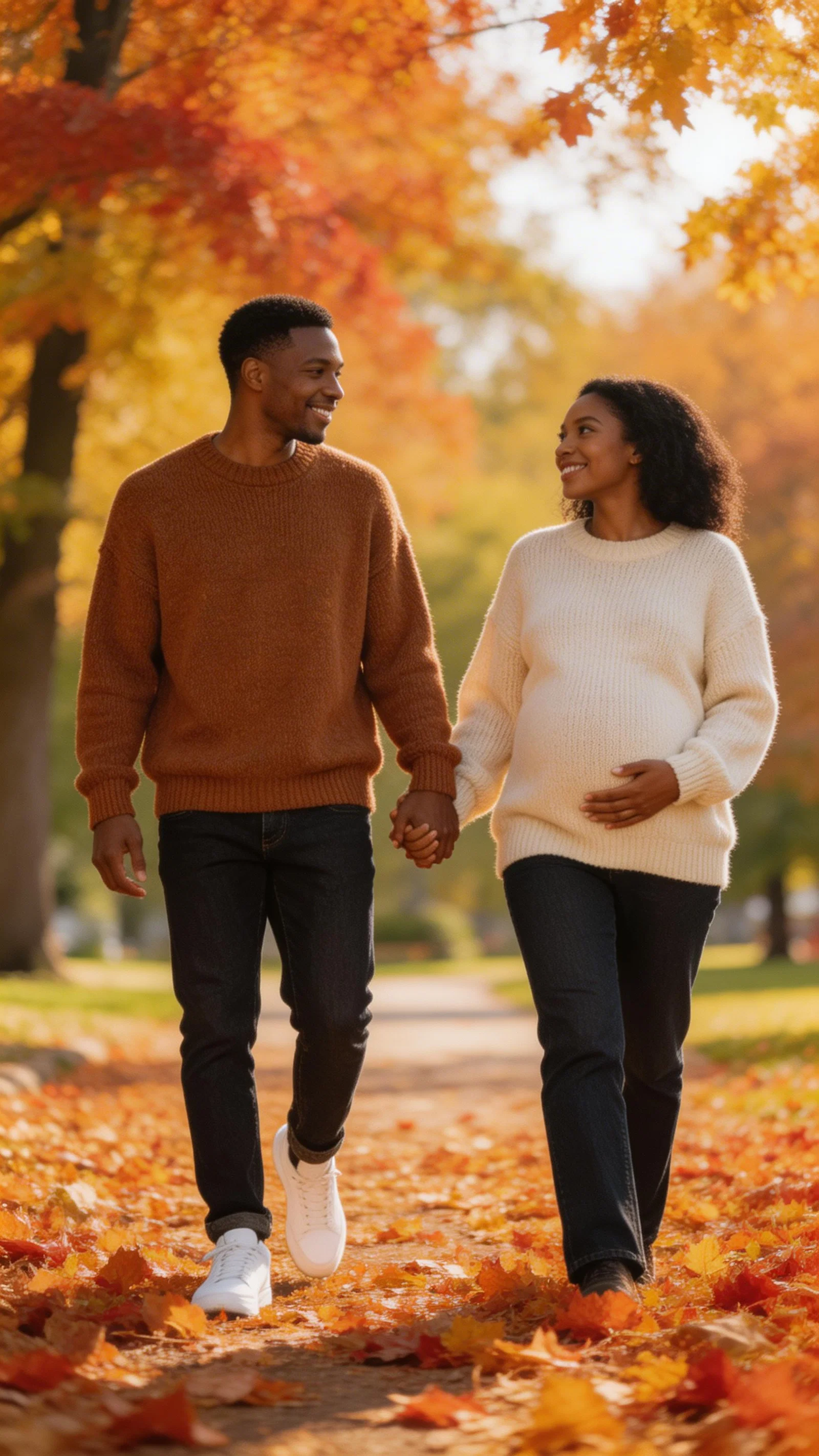 Black couple walking on an autumn path in cozy sweaters