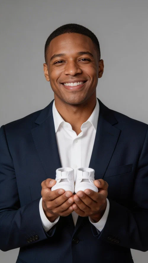Black expectant father holding baby shoes in a studio portrait