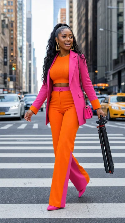 Black fashion-beauty influencer crossing street with tripod in bold outfit