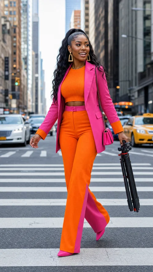 Black fashion-beauty influencer crossing street with tripod in bold outfit