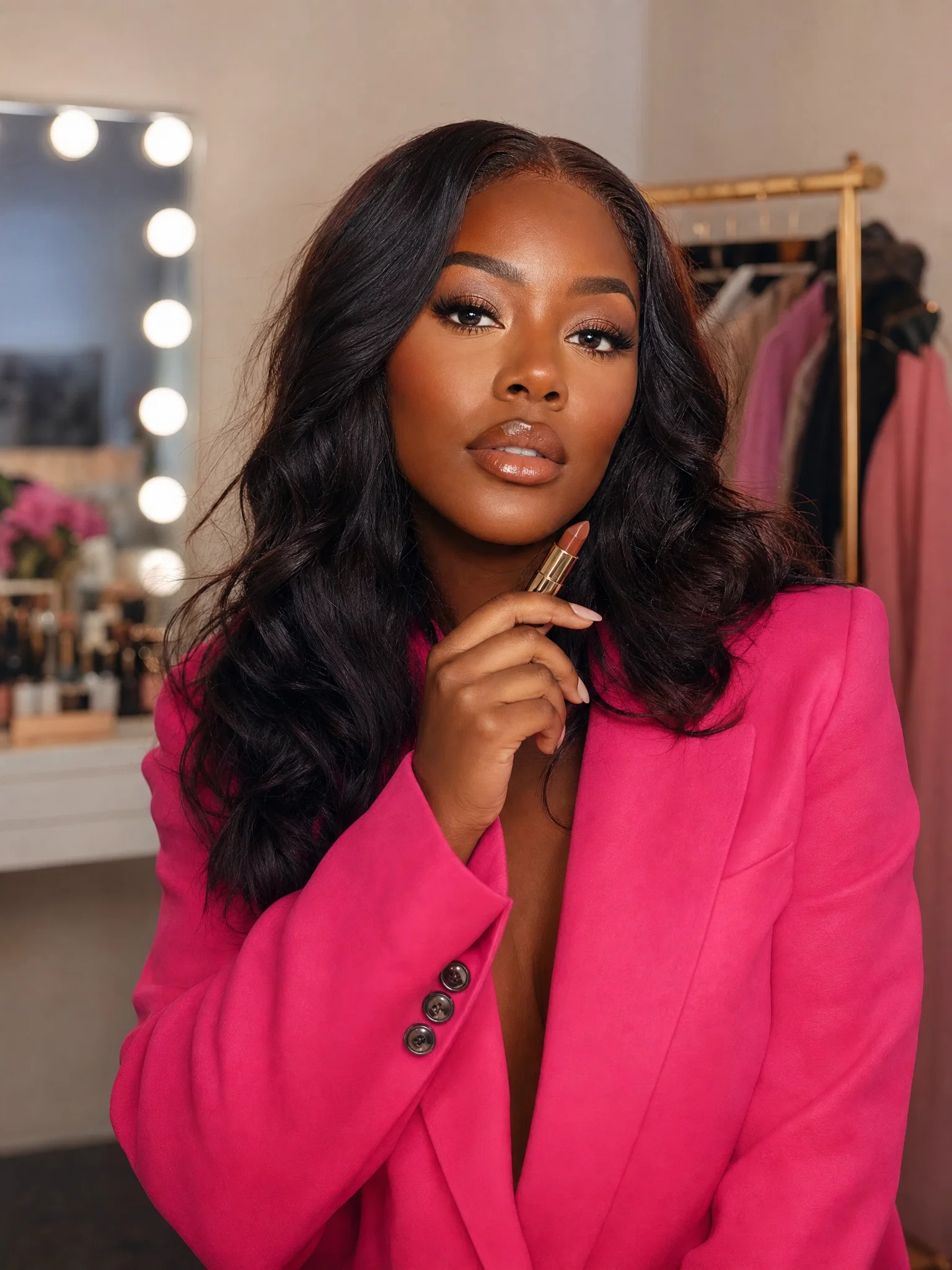 Black fashion-beauty influencer portrait holding lipstick with vanity backdrop
