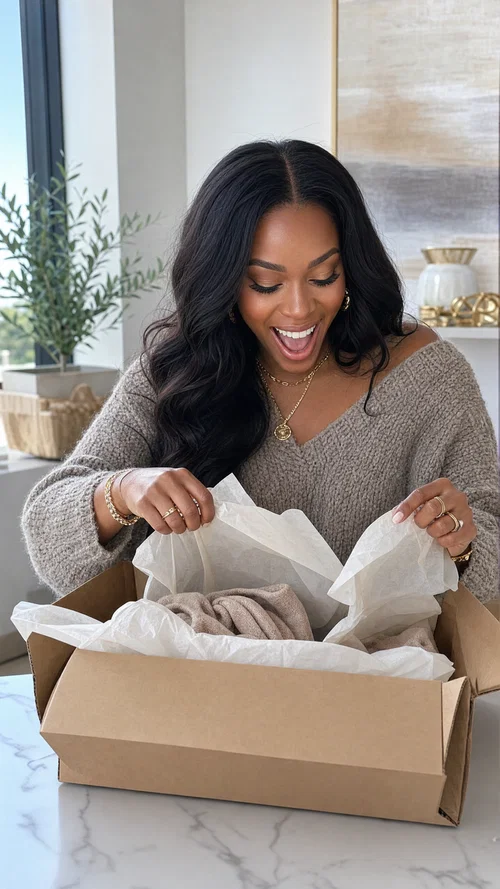 Black fashion influencer unboxing PR package at table with excited expression