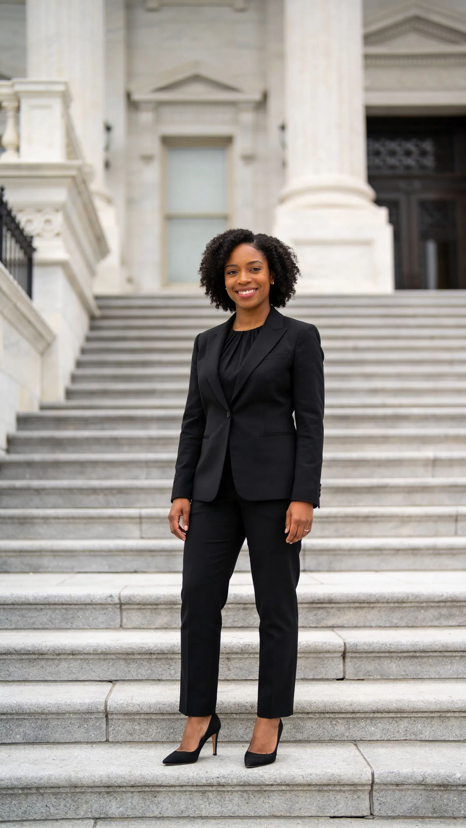 Black female attorney full-body portrait on courthouse steps, confident and approachable