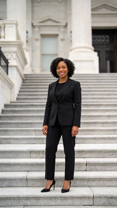 Black female attorney full-body portrait on courthouse steps, confident and approachable