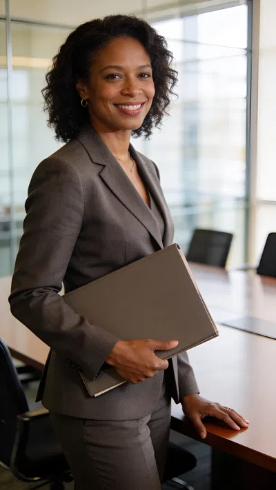 Black female attorney three-quarter portrait in conference room holding folder, confident smile