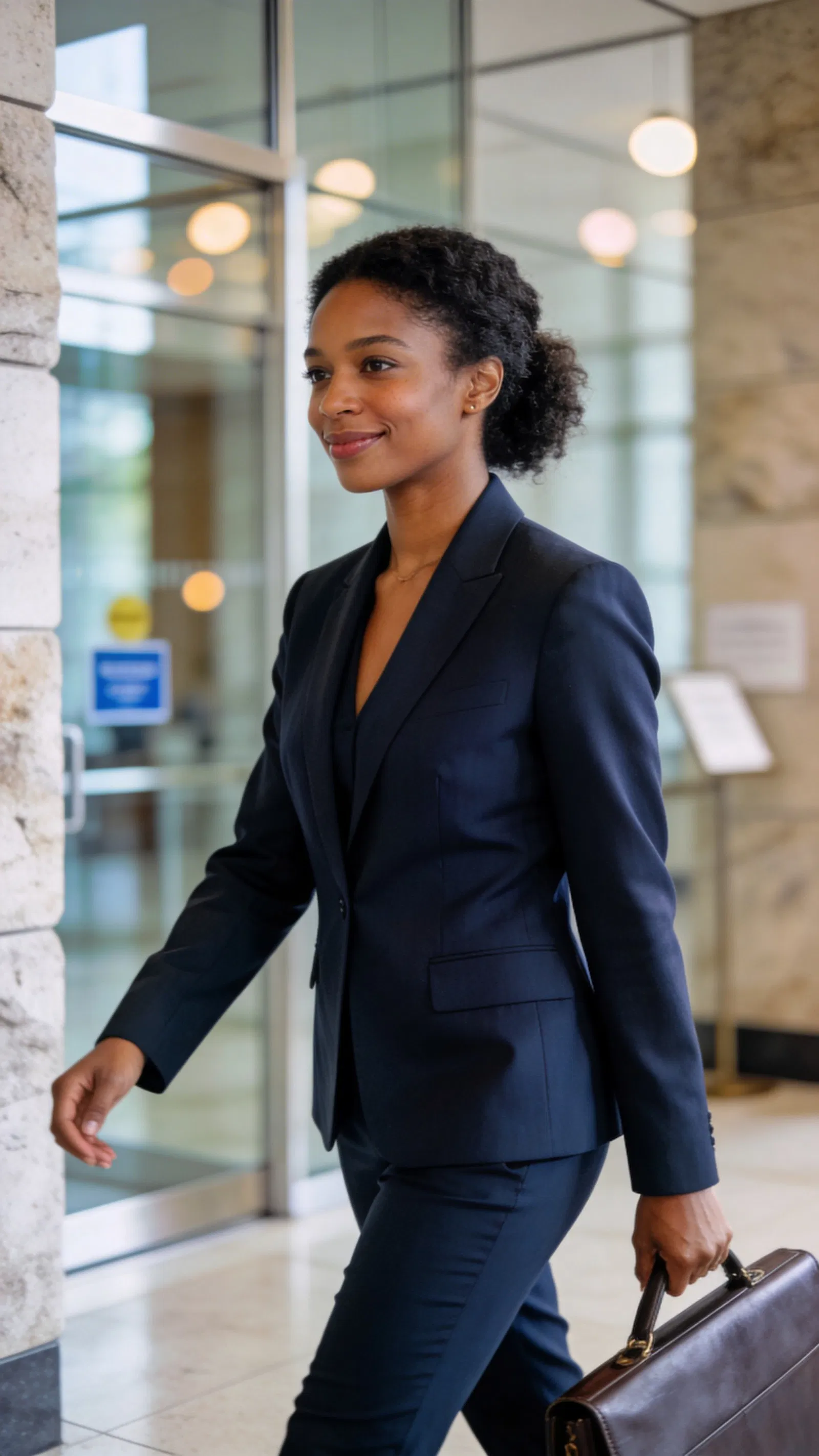 Black female attorney walking in law firm lobby, confident half-body portrait