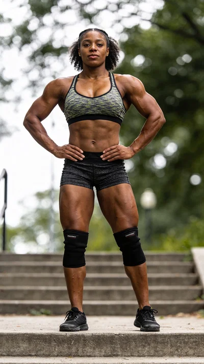 Black female bodybuilder full-body outdoor portrait on steps